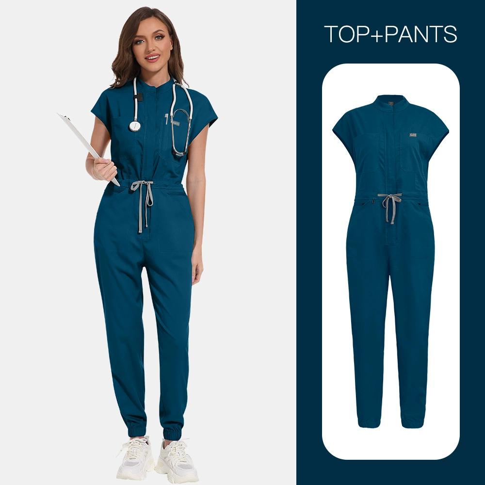 Niaahinn Scrubs Clinical Uniform Woman Fashion Jumpsuit Elastic Breathable Work Wear Color Blocking Drawstring Straight Jumpsuit