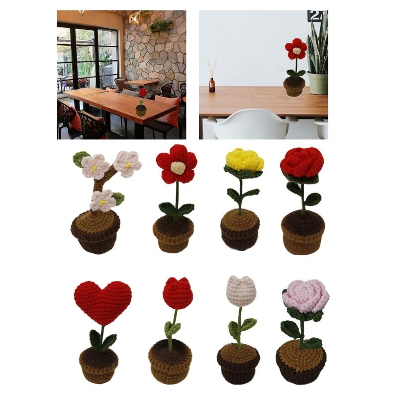 Crochet Heart Shape Flower In Pots Knitted Wool Mini Flower Potted Plant Romantics Ornament for Valentines Day Gift