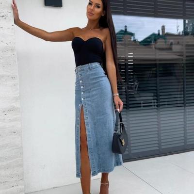 Damen Knopf Unregelmäßiger Schlitz Halbkörper Jeansrock Hohe Taille Sexy Slim Hüftrock