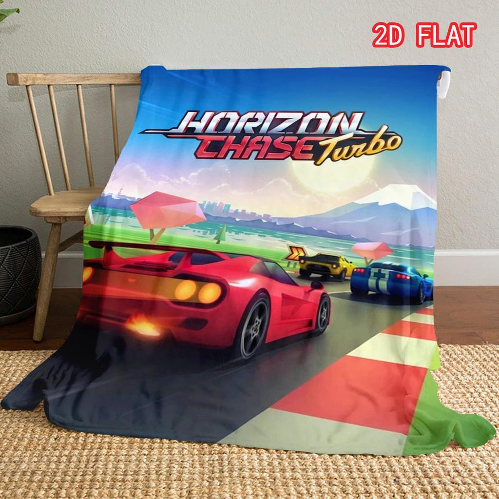 Horizon Chase Turbo Themed Flannel Blanket, 2D Flat Warm Throw, Retro Racing Game Sofa Blanket