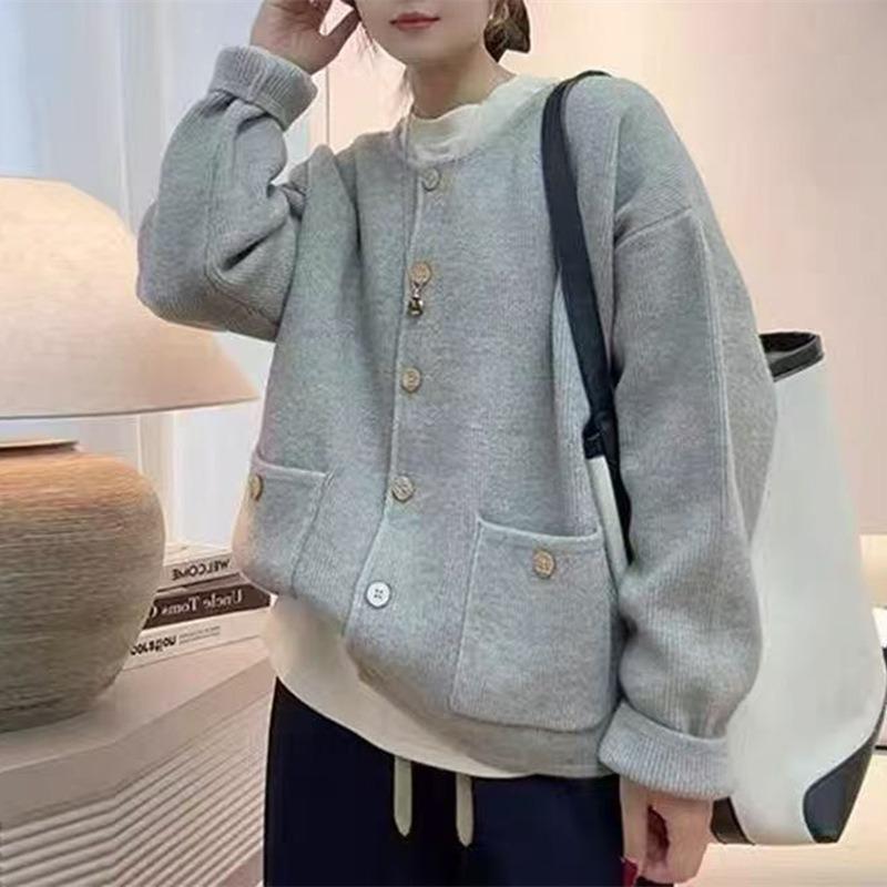 Crew neck knitted cardigan women's clothing autumn new loose and thin versatile single-breasted sweater jacket