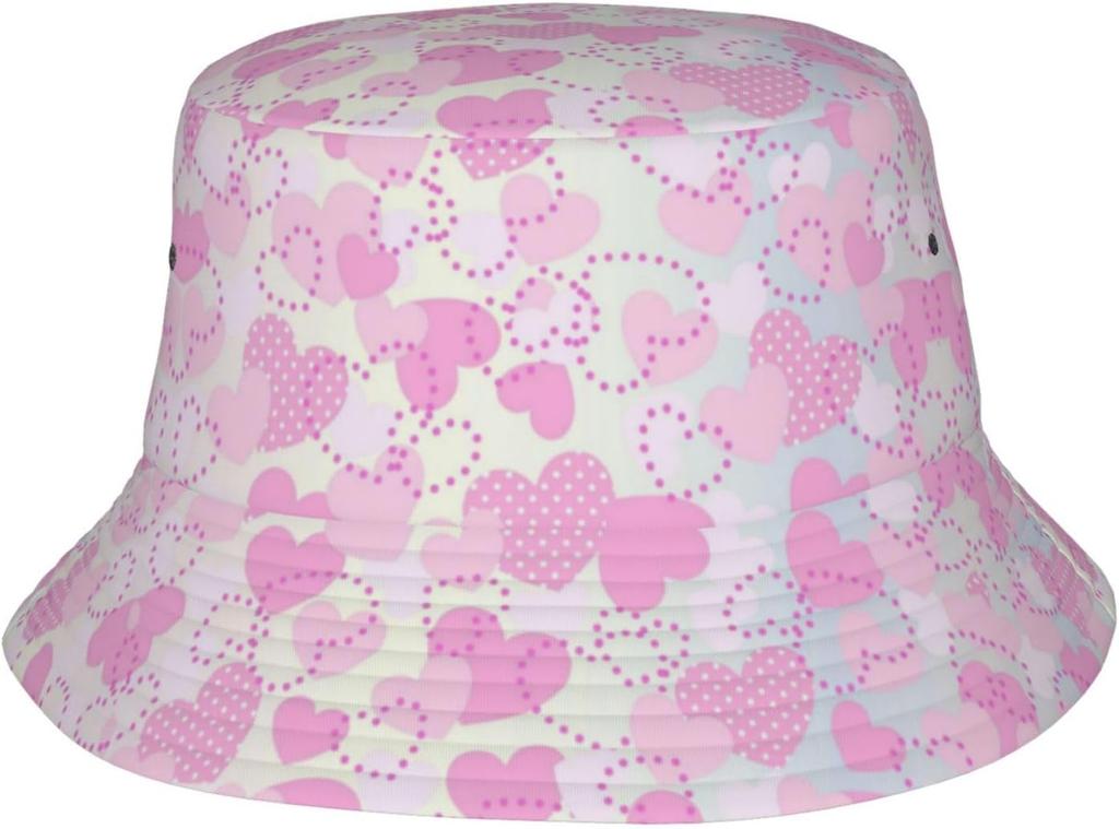 Cute Love Hearts Pattern Bucket Hat Summer Travel Beach Sun Hats Outdoor Hearts Cap For Women Men 011