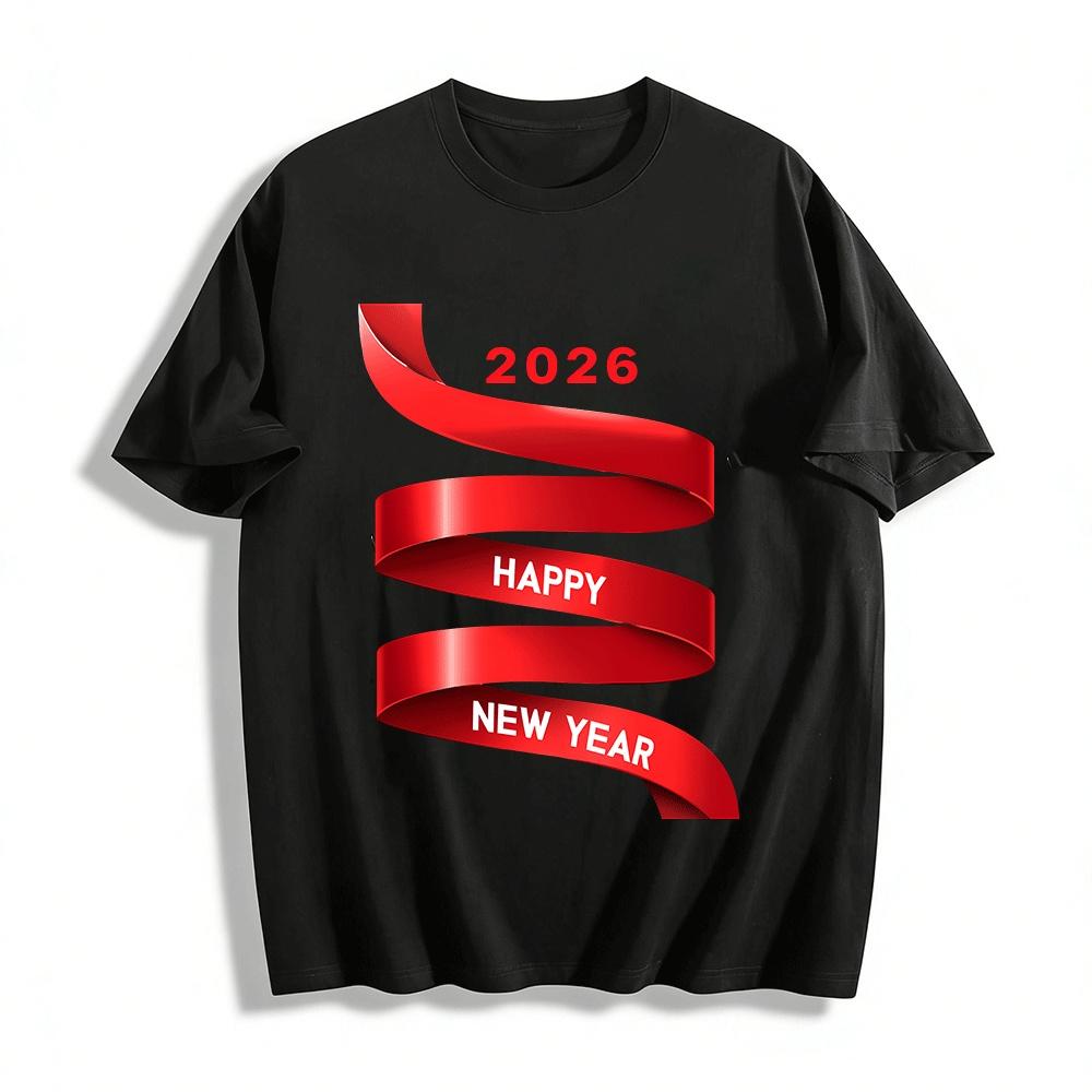 

2026 Happy New Year Printed Casual Top Festival Vibe Versatile Style Pure cotton T-shirt XXS