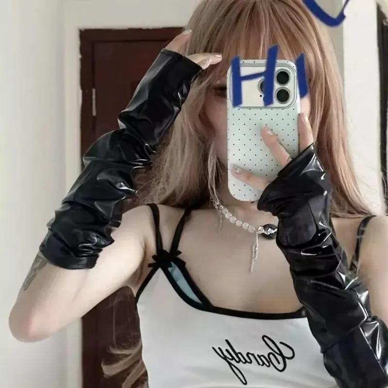 Lolita Cyberpunk Cosplay Black Gloss PU Leather Gloves Black Loose Half Finger Arm Sleeves Halloween Extended Wrist Cuffs Women