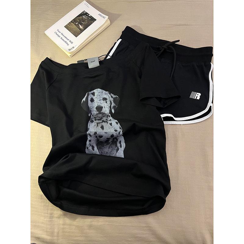 Korean cute spotted dog print slanted shoulder short-sleeved pajamas women can wear casual shorts homewear suit in summer