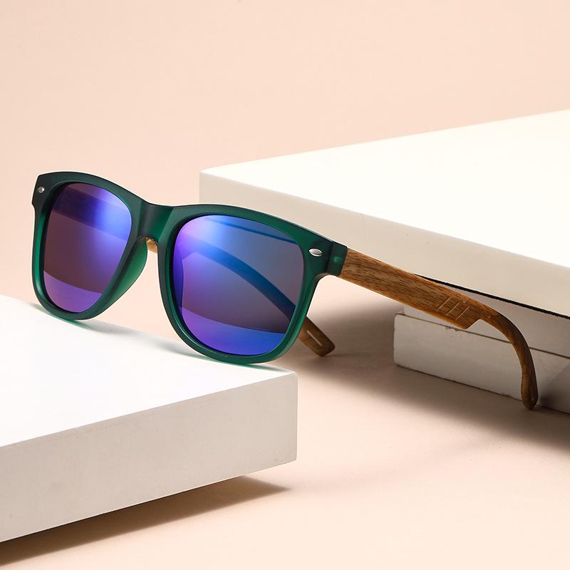Men's Retro Wood Grain Square Sunglasses with Spring Hinge and Color Film Lenses