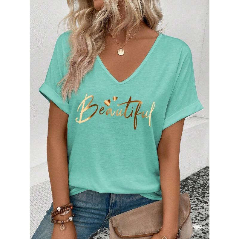 Casual Women's V-neck T-shirt T-shirt Summer Outdoor Fashion Short Sleeve Simple Pattern Printed Versatile Size Women's Clothing