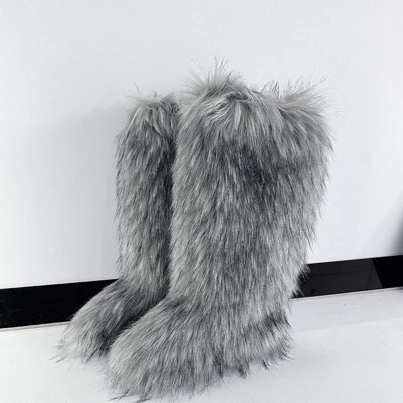 Huňaté kozačky Dlouhé vysoké zimní imitace liščí kožešiny huňaté sněhule Pánské a dámské zimní velké velikosti kožešinové nadkolenky