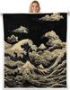 GUOYU Blanket Japanese Style Fleece Blanket Mount Fuji Warm Plush Sherpa Blanket Ocean Great Waves Art Fuzzy Plush Throw Black Golden Glitter