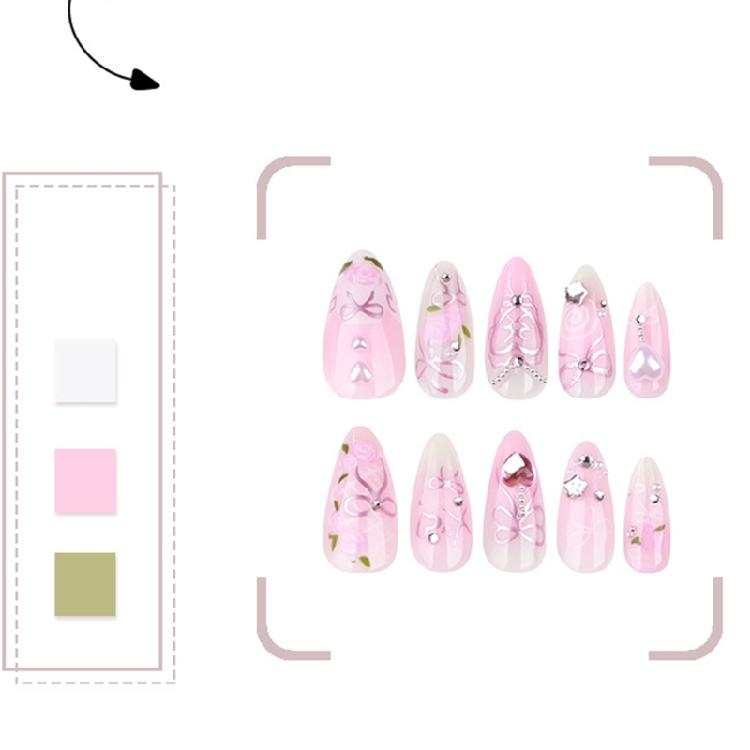 24Pcs Almond Fake Nail Press On Nail Artificial Acrylic Nail Glues On Nail Bows Heart Designs French Tips False Nail