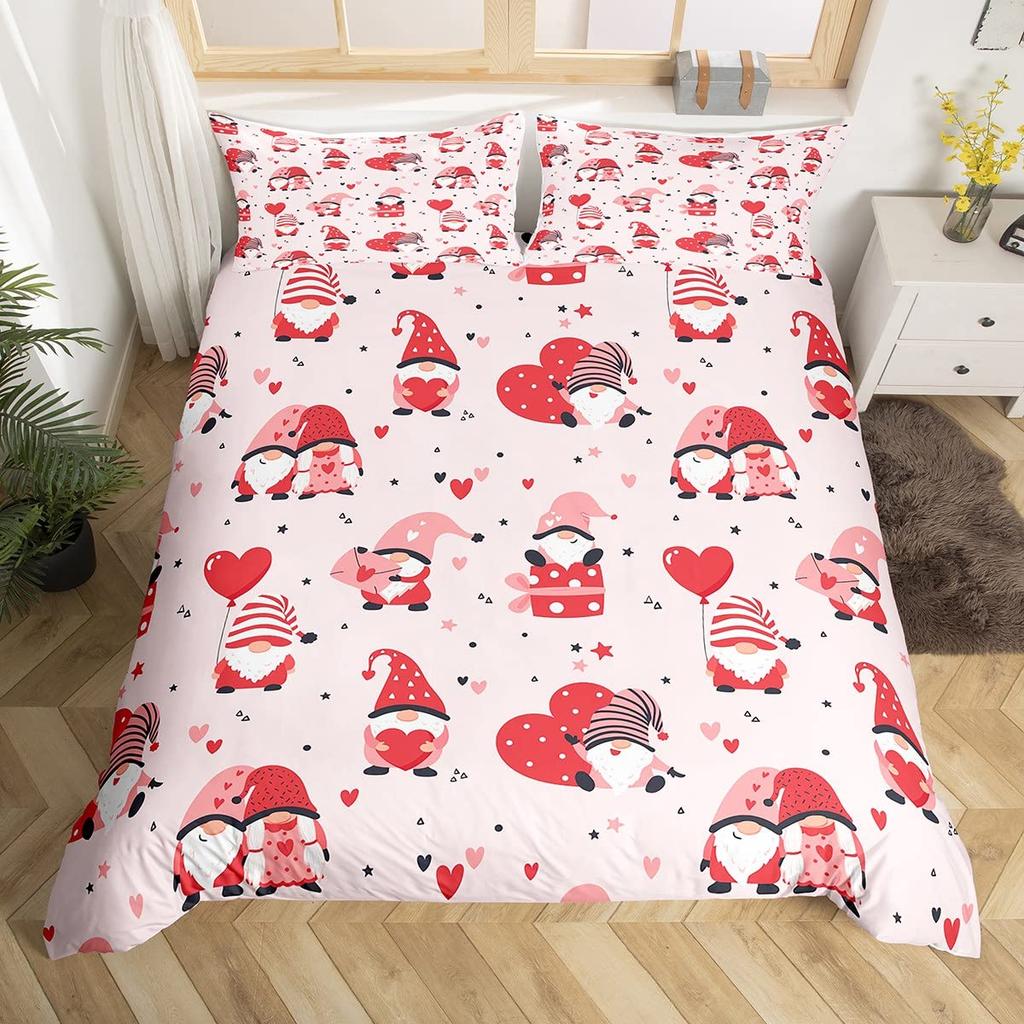 Valentines Day King Duvet Cover Romantic Bedding Set Kawaii Couple Gnome Comforter Cover Pink Rose Hearts Polyester Quilt Cover