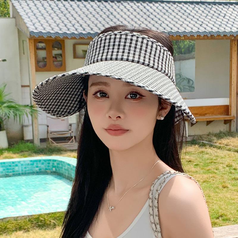 

Summer sunscreen hat women s outdoor fresh plaid sun hat streamer bow large brim empty top hat
