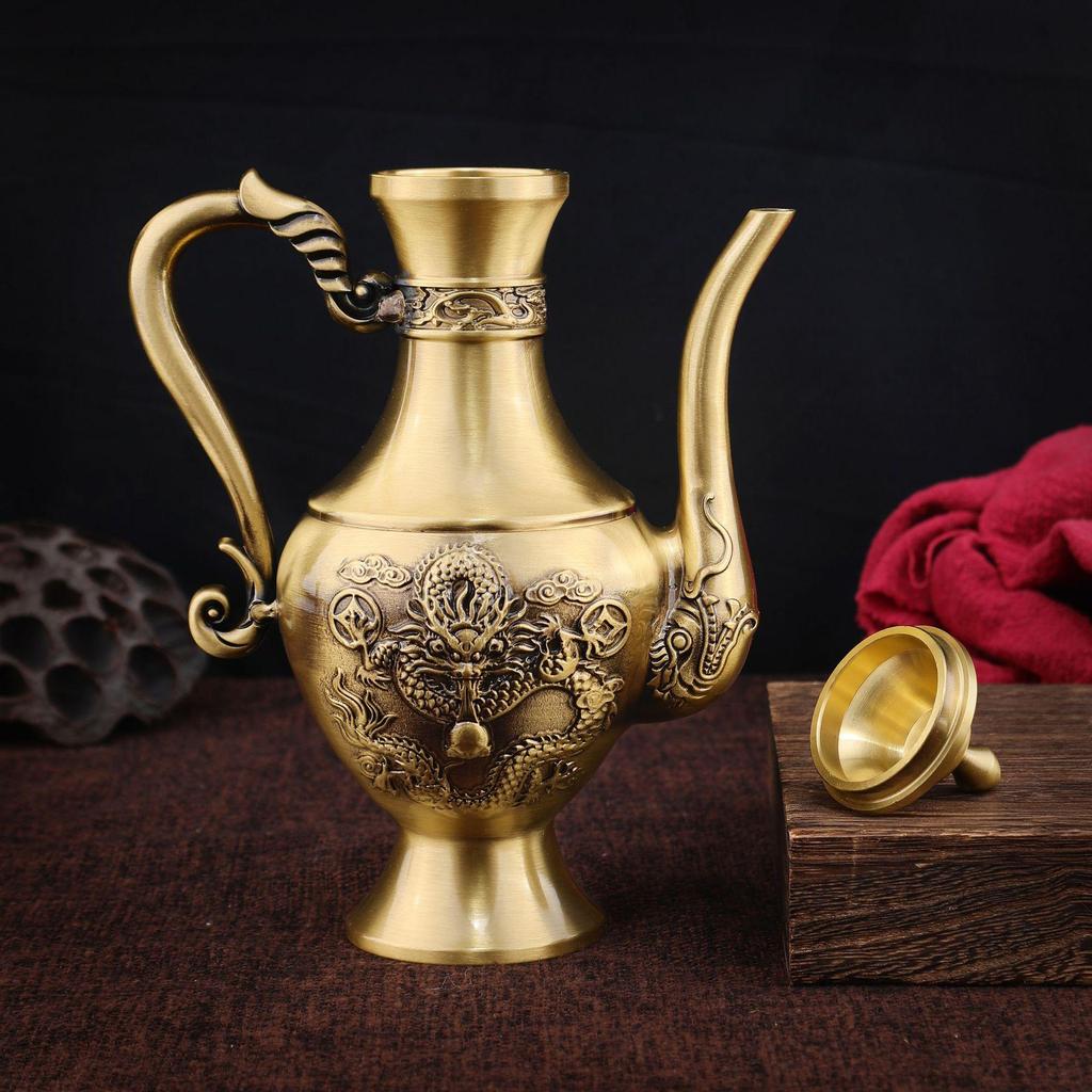 Brass Dragon Wine Pot with Auspicious Cloud Design - Household Metal Wine Set and Home Decor.