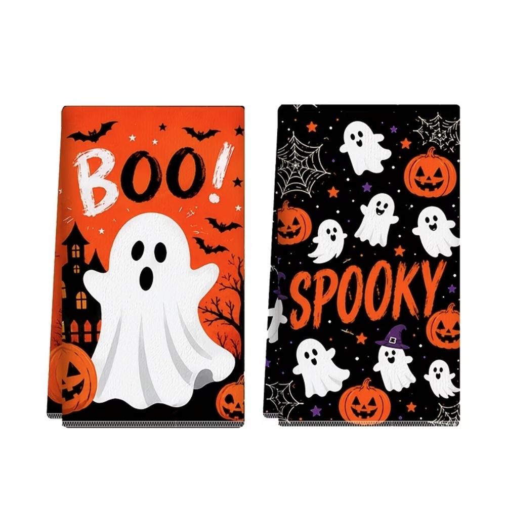 2PCS Ghost Pumpkin Pattern Halloween Kitchen Towel Ultra-Fine Fiber Dish Towel Bathroom