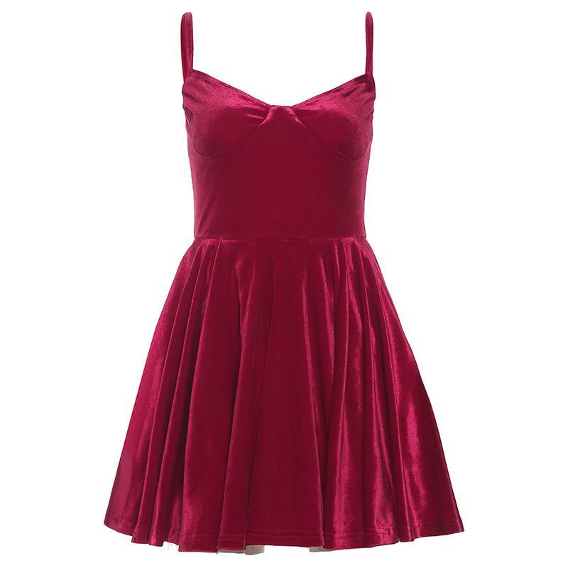 

Puffy Dress Fashion Vintage Velvet Short Skirt Elegant Backless Waist Trimming V Neck A- line Bubble Sling Dress Burgundy L