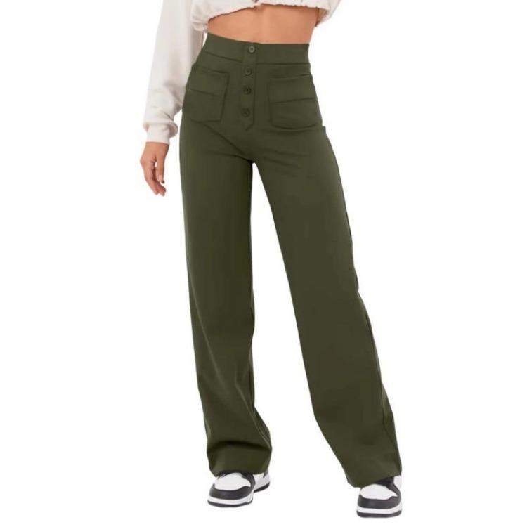 New Women High Waist Casual Straight Pants with Pockets European American Fashion Elastic Waist Button