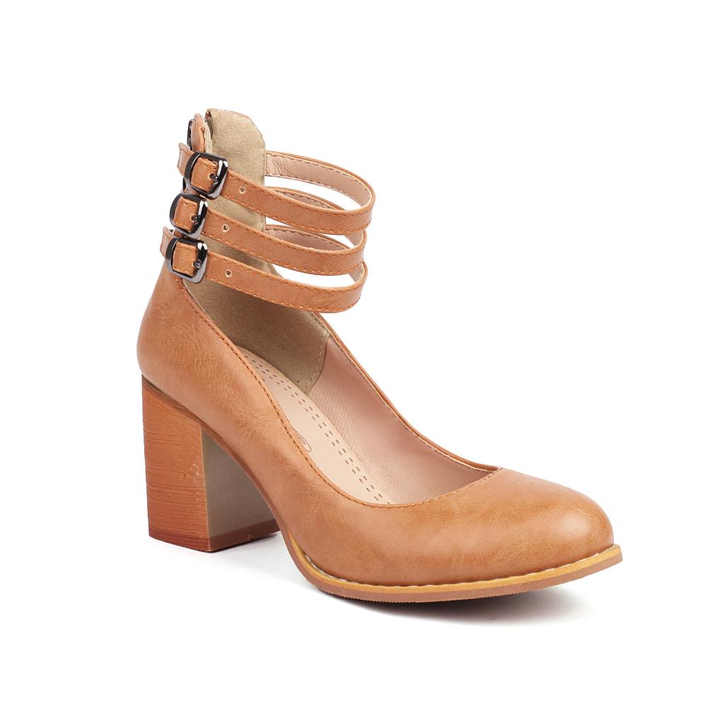 European and American Shoes Belt Buckle Shallow Mouth Round Head Thick High Heel Low-top Shoes Bare Boots Single Shoes H