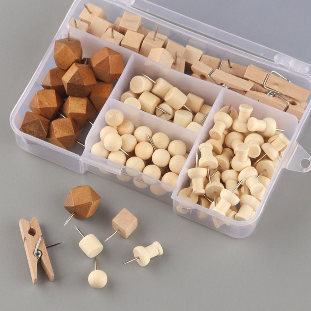 128Pcs Creative Wooden Push Pins DIY Thumb Tacks Geometric Shape Pushpins  Office School Supplies