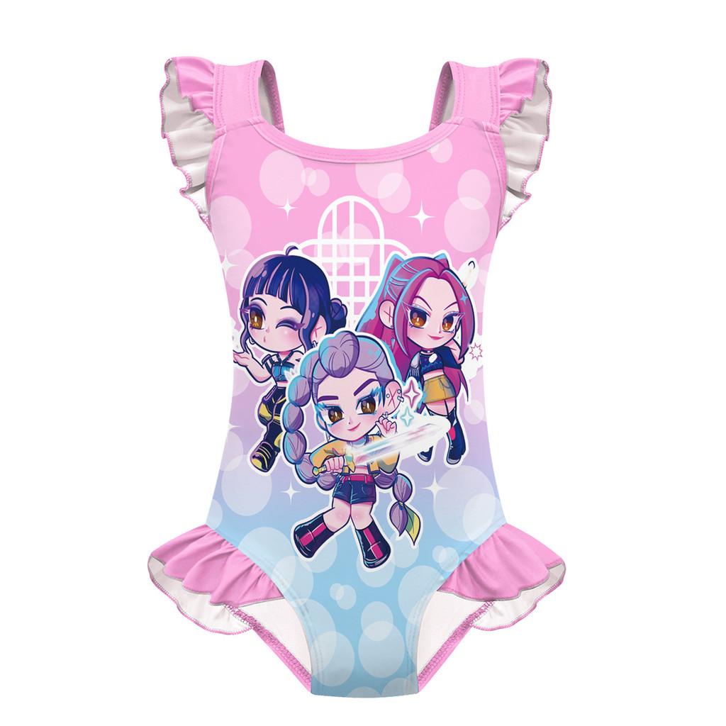 Unique Apparel Kinderen Meisjes Anime Cartoon K-Pop Rumi Zoey Mira Print Ruche Mouwloos Eendelig Badpak Badkleding 130cm