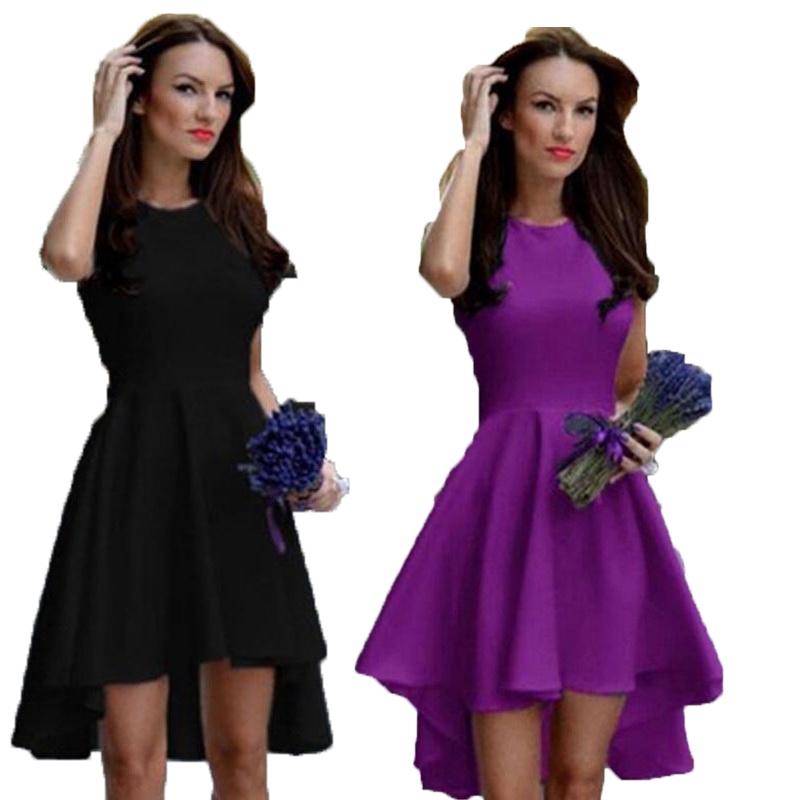 Fashion Women Sleeveless Asymmetric Hem Casual Sundress In Elegant Pure Color