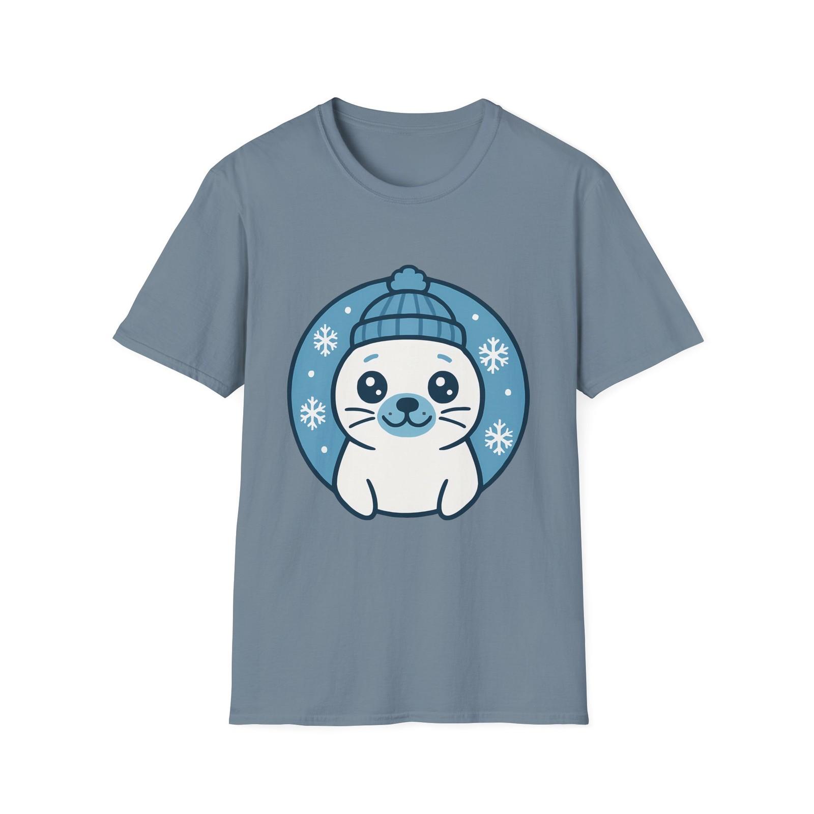 Unisex Softstyle Cute Winter Seal T-Shirt Mens Womens Tees Top | Whimsical, Snowy Christmas L