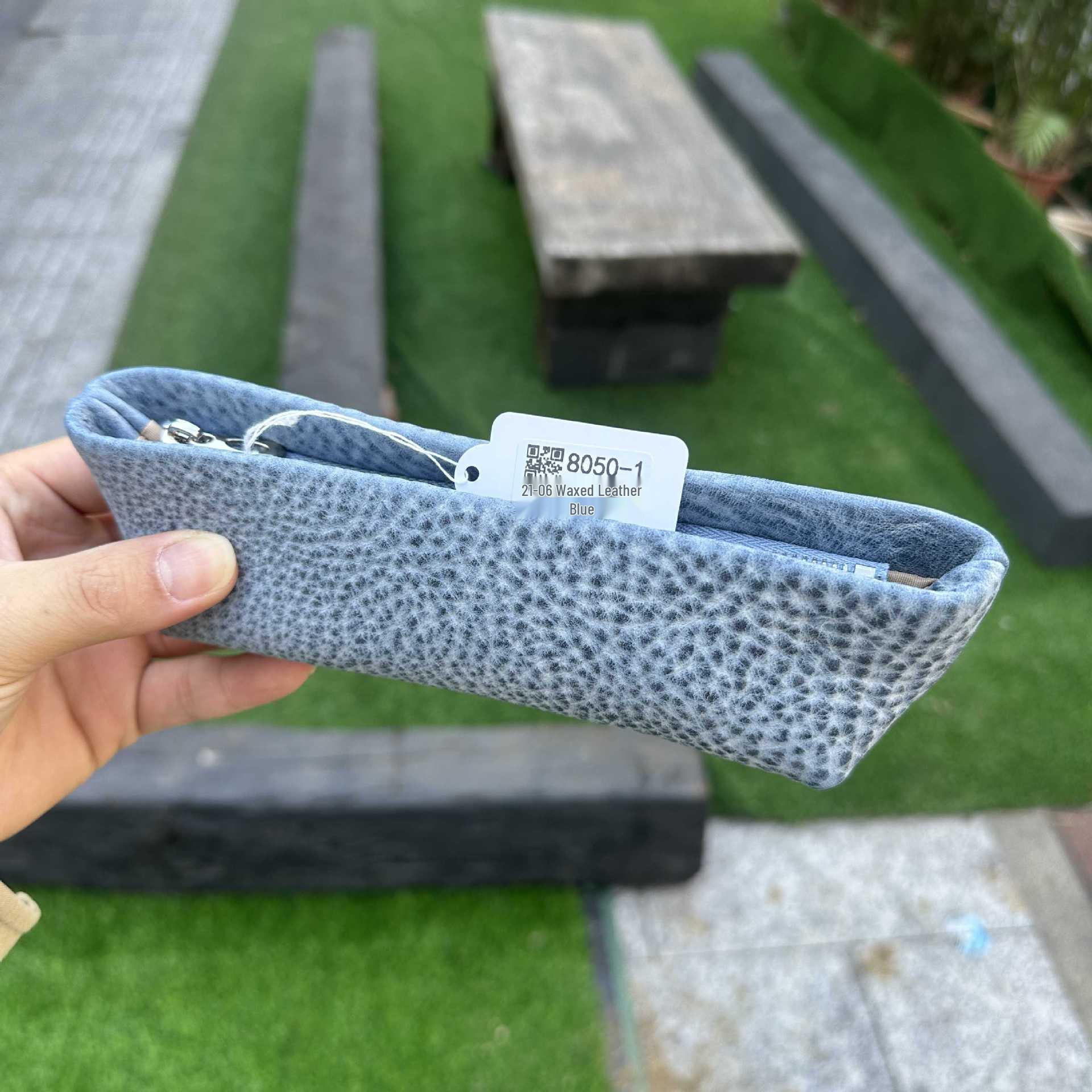 Boat-Shaped Leather Pencil Case - Matte Wax Cowhide, Zippered Round Storage Bag with Lychee Pattern