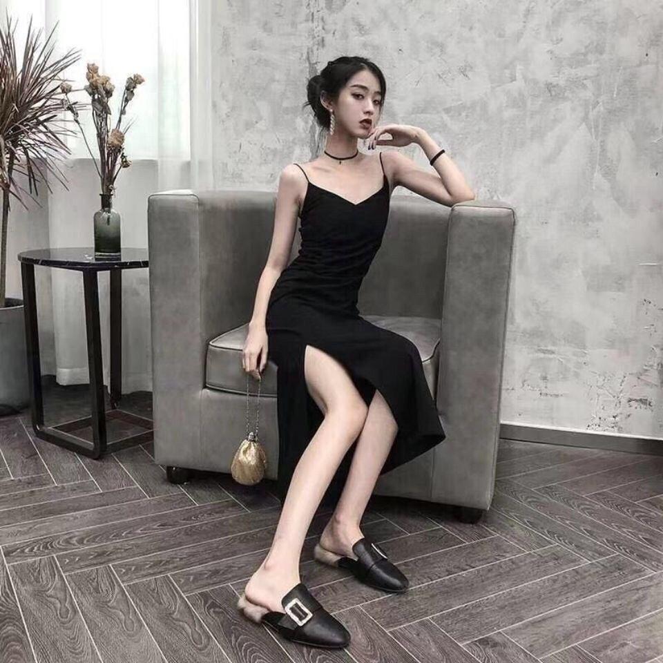 Black Suspender Dress Children's Summer New Women's Clothing French Hepburn Style Sexy and Thin Split Dress