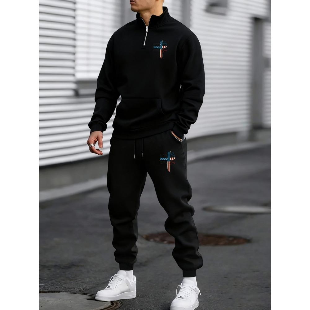 

Patriotic Cross American Flag Print, New Men s Zipper Hoodie and Pants Two Piece Set, Autumn Winter Casual Sportswear XL