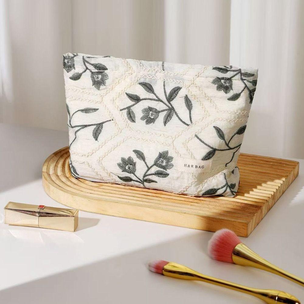 Flower Embroidery Clutch Makeup Bag Portable Large-Capacity Toiletry Bag Fresh Design Skincare Storage Bag Skincare Organization