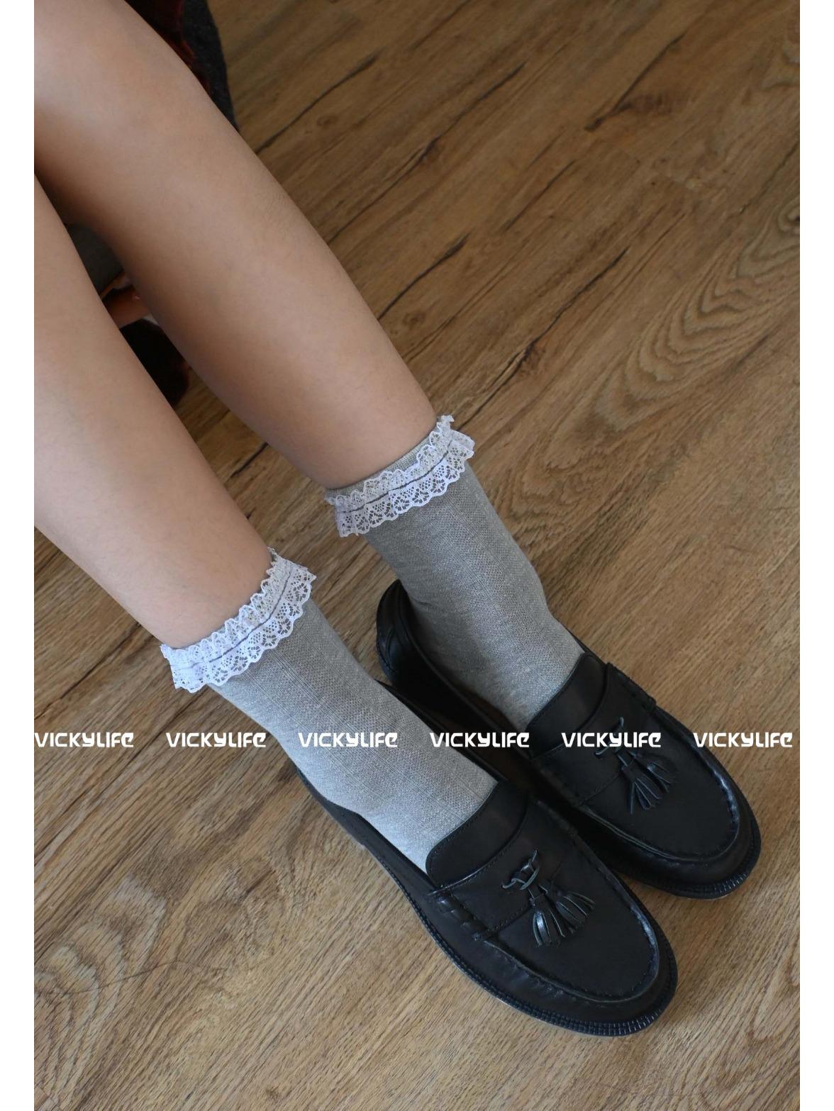 Miki 9108 Silk Lace Bow Mid-Calf Lolita Socks серый