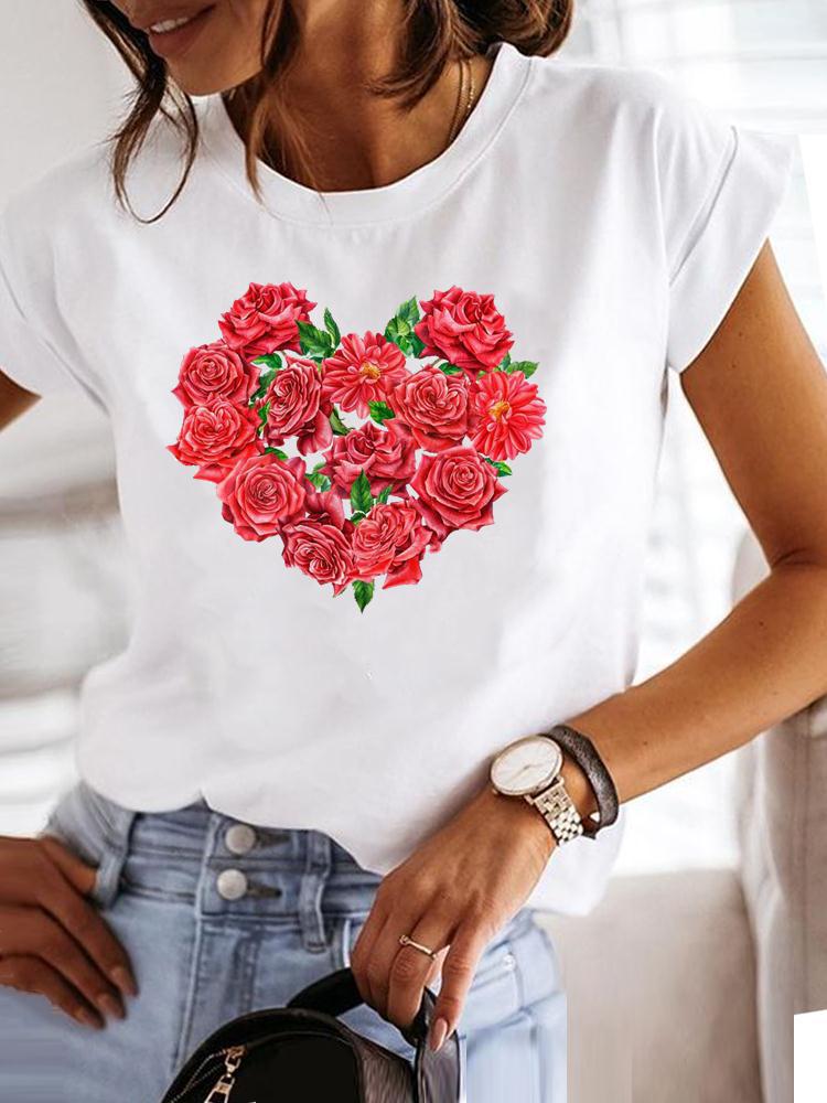 Women's Short-sleeved T-shirt, Fashionable Flower Print Bottoming Shirt