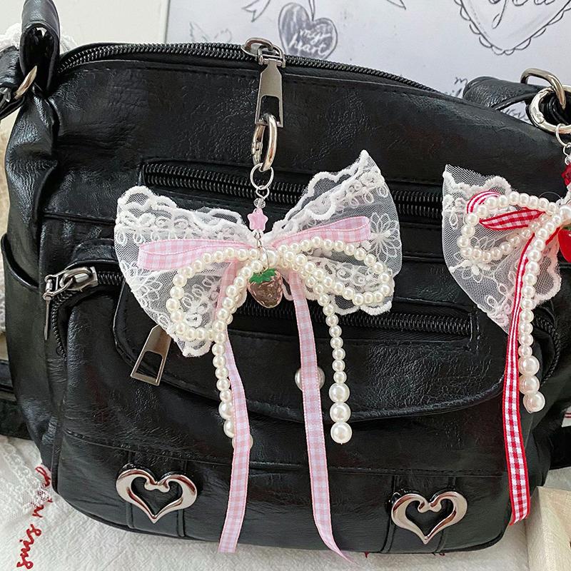 Sweet Lace Pearl Bow Keychain Pendant Car Keychain For Women Girls  Exquisite Backpack Decoration Accessories Gifts