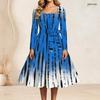 Women Plus Size Scalloped Square Neck Long Sleeve Printed Tie Waist A Line Dress