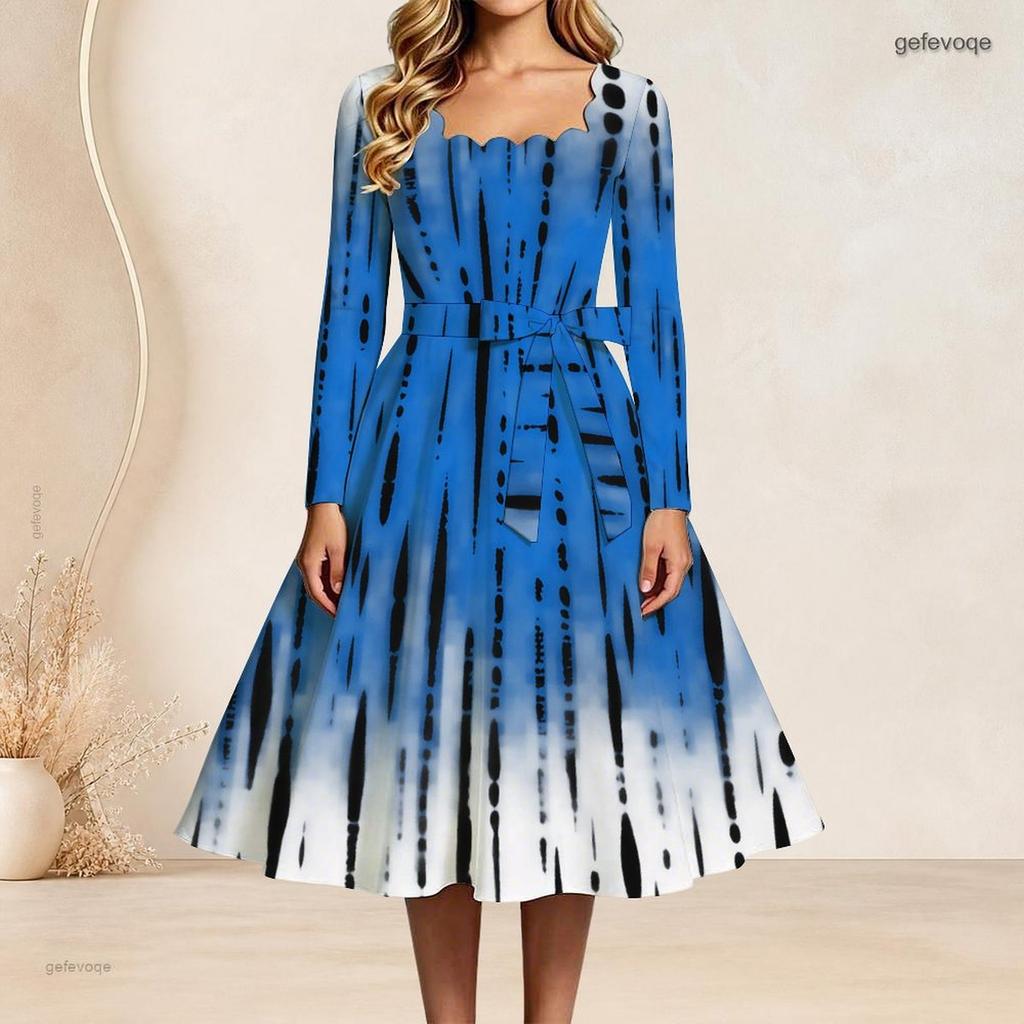 Women Plus Size Scalloped Square Neck Long Sleeve Printed Tie Waist A Line Dress
