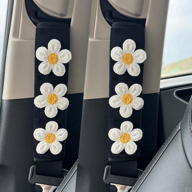 2pc Cute Embroidered Flowers Car Seatbelt Cover Plush Seat Belt Harness Cushion Auto Shoulder Strap Protector Pad for Ladies