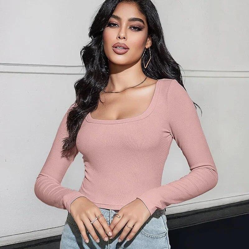 Autumn Slim Fit Square Neck Knit T-shirt Women Solid Long Sleeve Short Tshirts Female Fashion Tops Casual Sexy Tees Blusas 30288