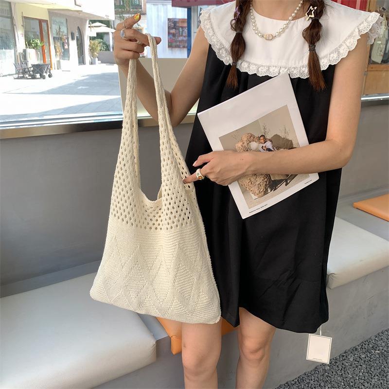 Yogodlns Wool Knitted Shopping Tote Bag for Women Vintage Cotton Girls Shoulder Bag Large Capacity Female Handbag Crochet Bag