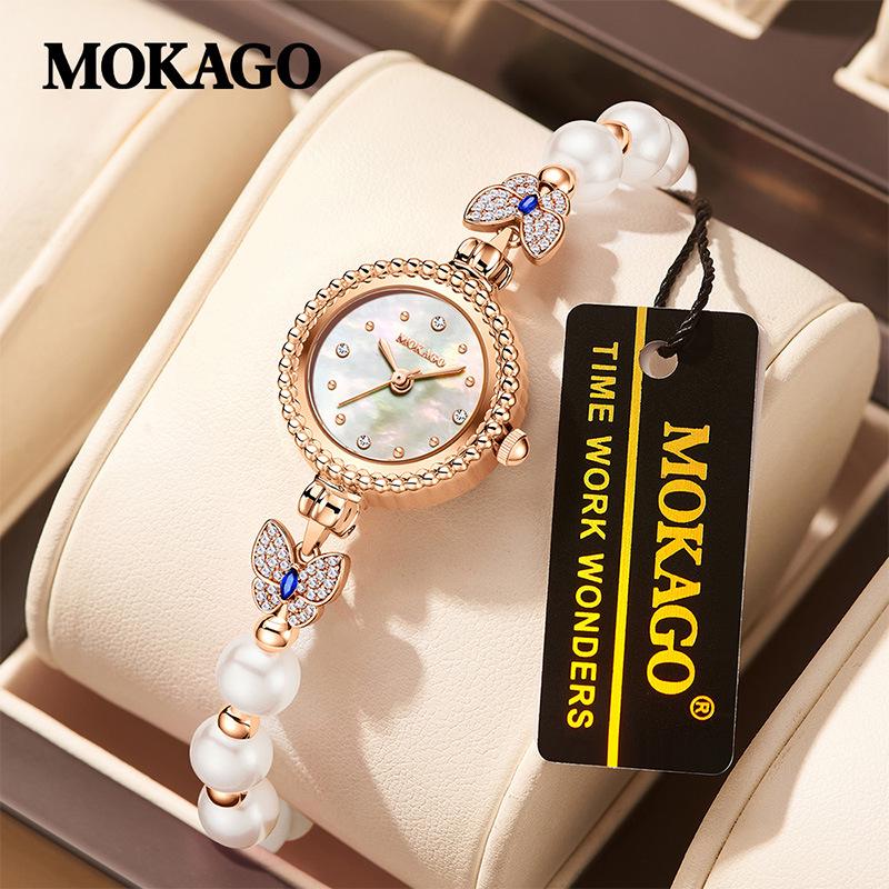 Высококачественные кварцевые женские часы Mokga: Инкрустация жемчугом и бриллиантами, циферблат из перламутра, водонепроницаемый, легкий роскошный браслет. ярко-розовый/золотой