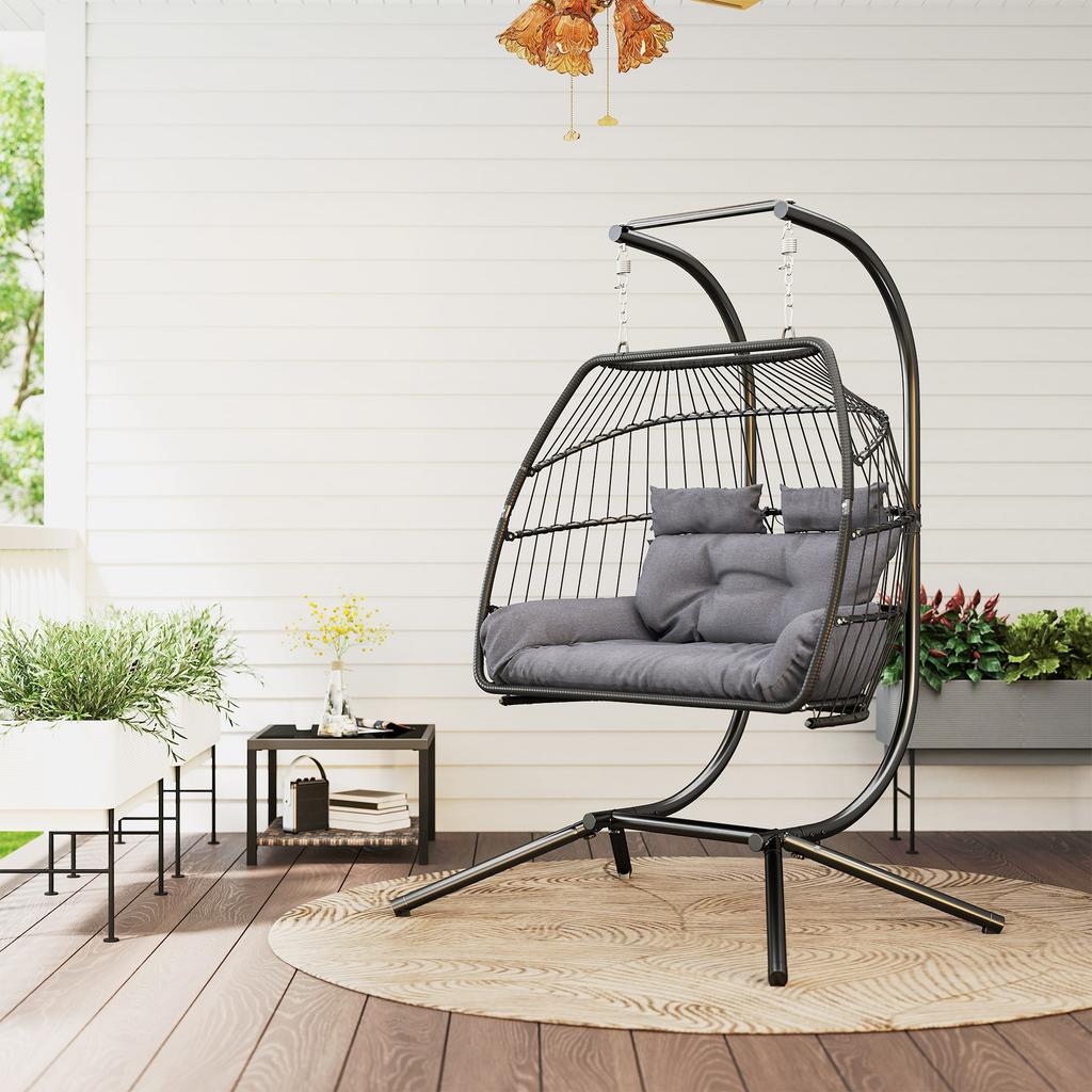 Rattan Double Hanging Egg Chair with Stand, Foldable Wicker Swing Egg Chair with Cushion, Head Pillows, Steel Frame, Hammock Chair for Indoor Outdoor