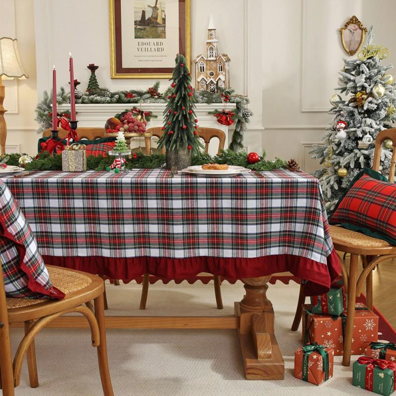 Christmas Tablecloth Woven Cotton Plaid Table Cover With Ruffled Trim Dining Decor