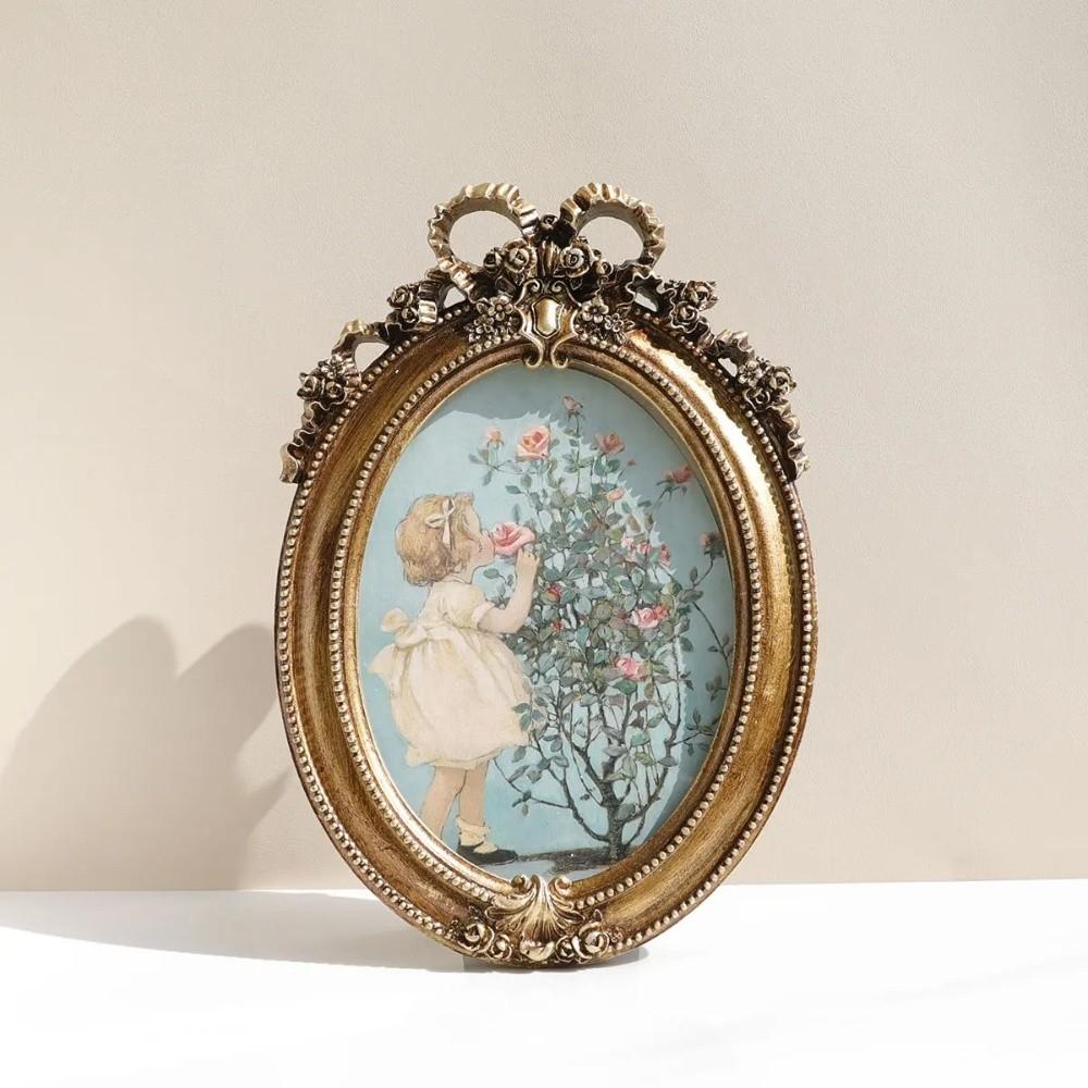 Cornice Portafoto Dorata Ovalata Elegante Decorazione da Tavolo Ornamento Vintage per Scrivania Regalo per Camera da Letto Studio Soggiorno