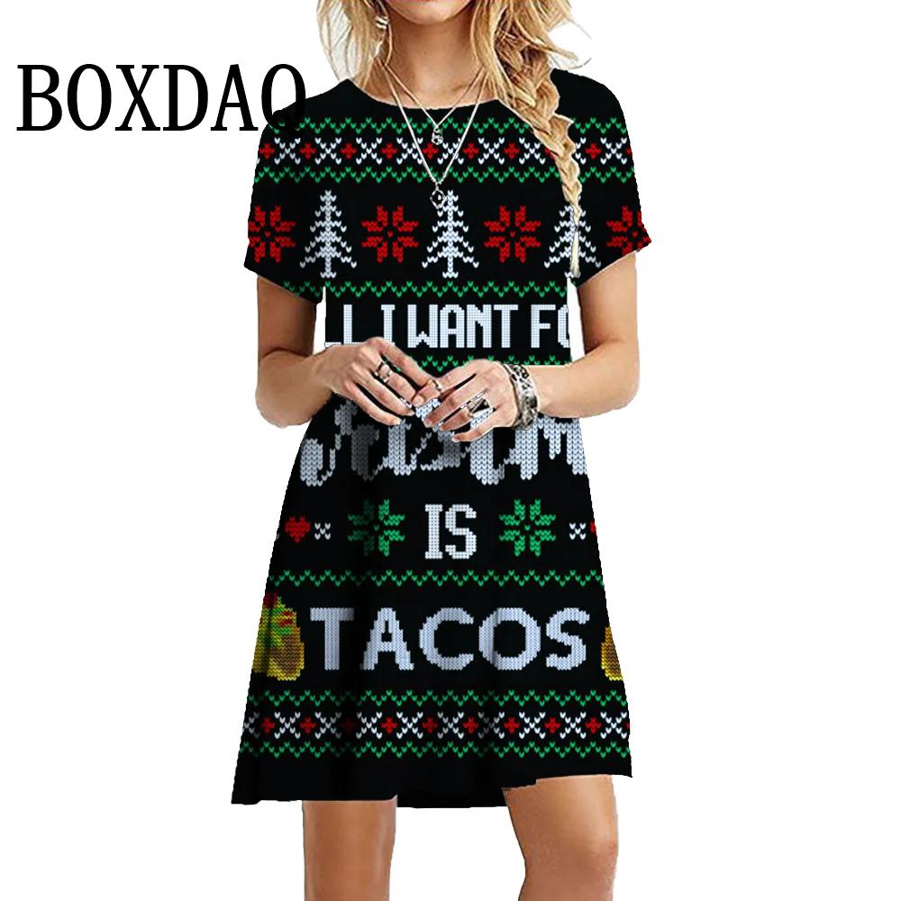 New Year Winter Christmas Deer Snowflake Dresses Women Short Sleeve Loose Tree Fashion Sweet O-Neck Party Dress