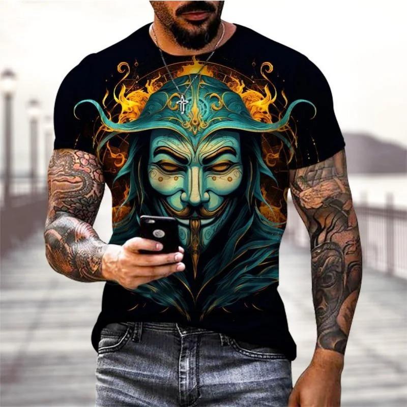 Summer Round Neck 3D Funny Masked Face Print Top Fashionable Casual Short Sleeved Men's T-shirts