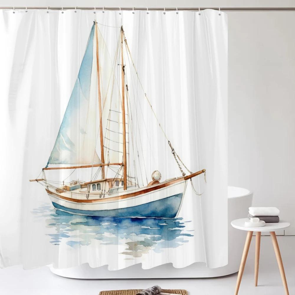 Nordic style Ocean Sailboat Print Fabric Waterproof Shower Curtain with Hooks For Bathtub Bathroom Screens Home Decor Wall Cloth