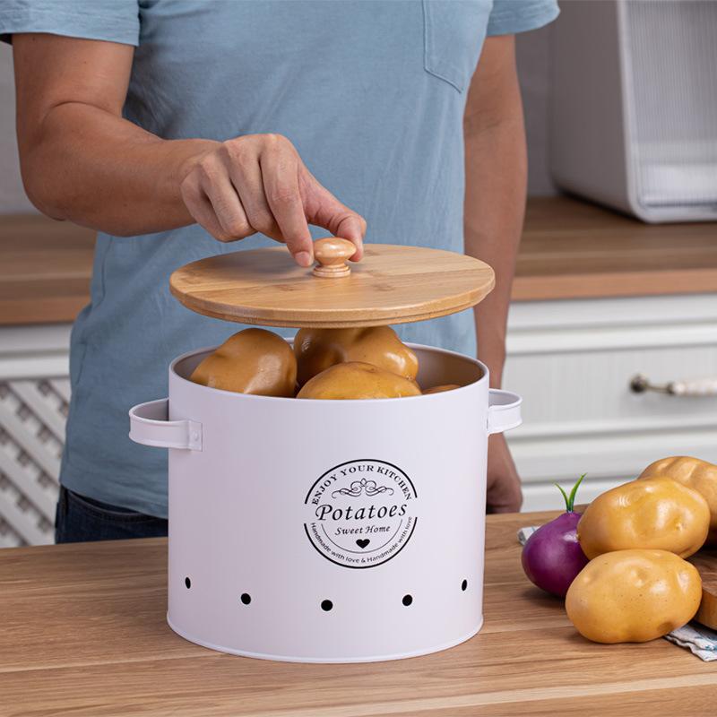Bambusový kryt úložná nádrž Brambora prodyšná domácí freshness box Kuchyňská kovová úložná nádoba na brambory, cibuli, česnek