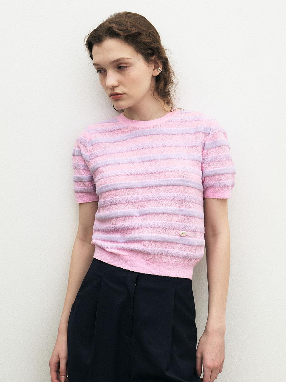 Ed Mang Boucle Stripe Short Sleeve Crop Knit - Pink 2