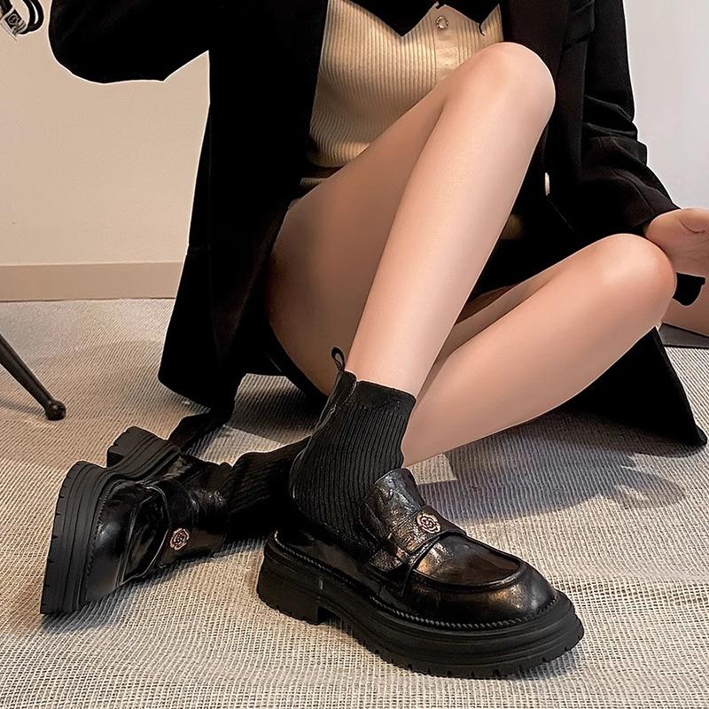 Cowhide Version~ Xiaoxiangfeng Camellia Leather Knitted Elastic Socks Boots Women's Thin Boots Retro Thick-soled British Short Boots