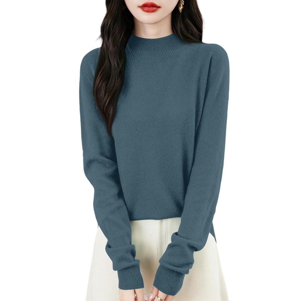 Women's Fashion Flat-Knit Half-Turtleneck Pullover Sweater Solid Color Long-Sleeve Top
