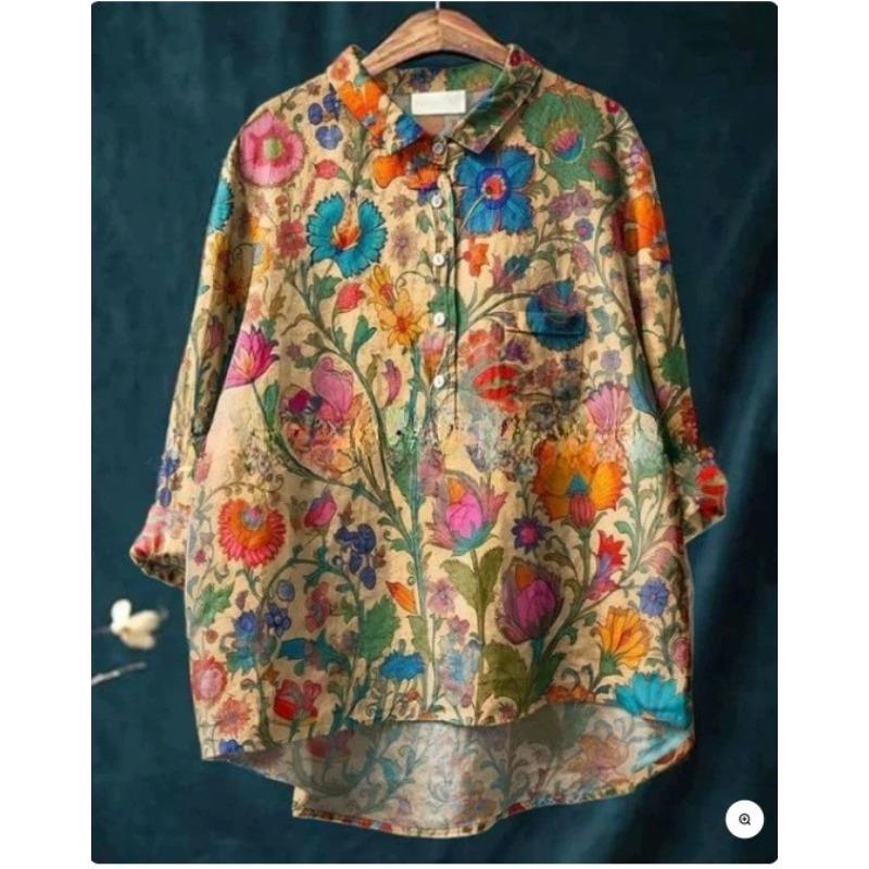 Summer Women's Loose Printed Round Neck Casual Plus Size Women's Long Sleeve T-shirt