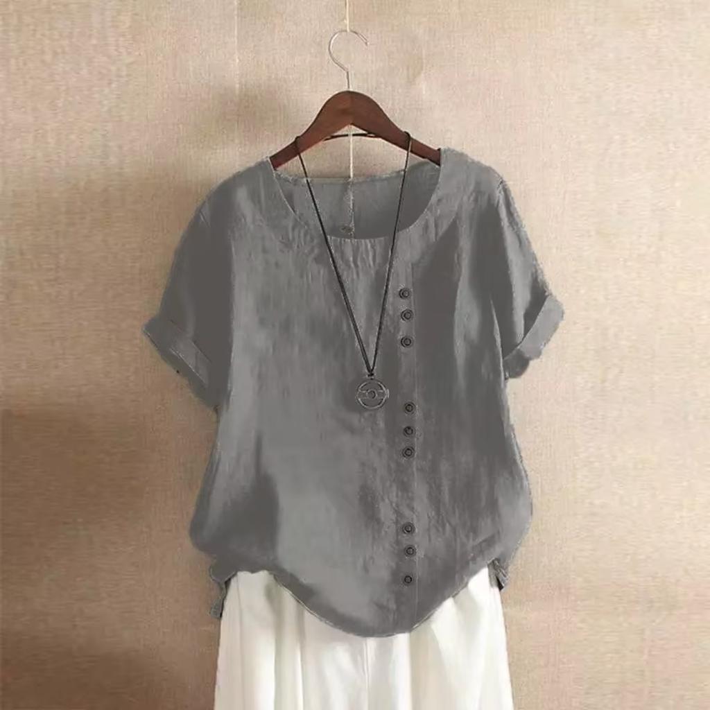 18 Colors S-5XL Women Cotton Linen Button Blouse Summer Female O-Neck Short Sleeve Solid Shirt Tops